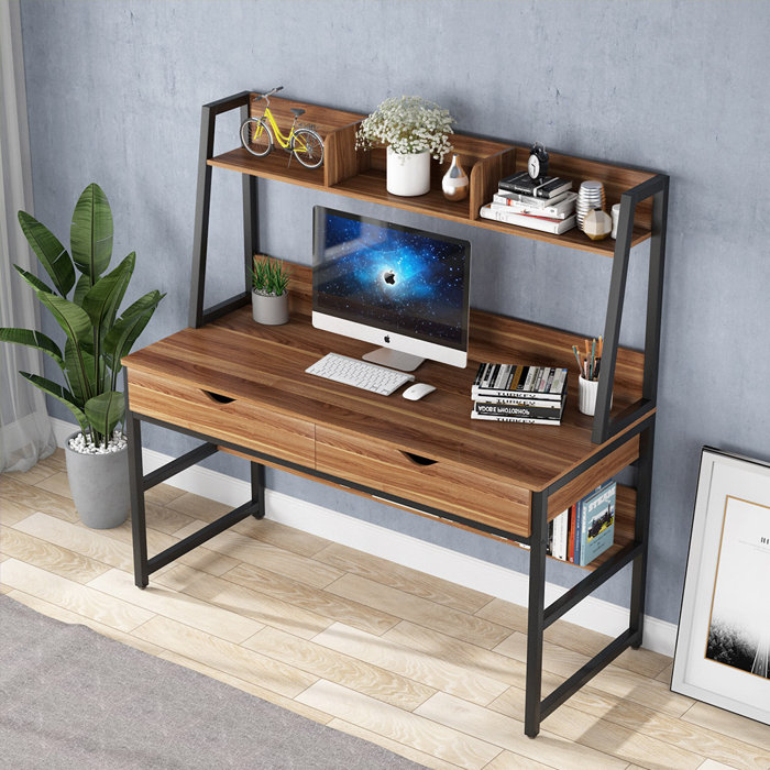 Inbox Zero Modern Simple Executive Heavy Duty Large Computer Desk With 2 Drawers, Rustic 47
